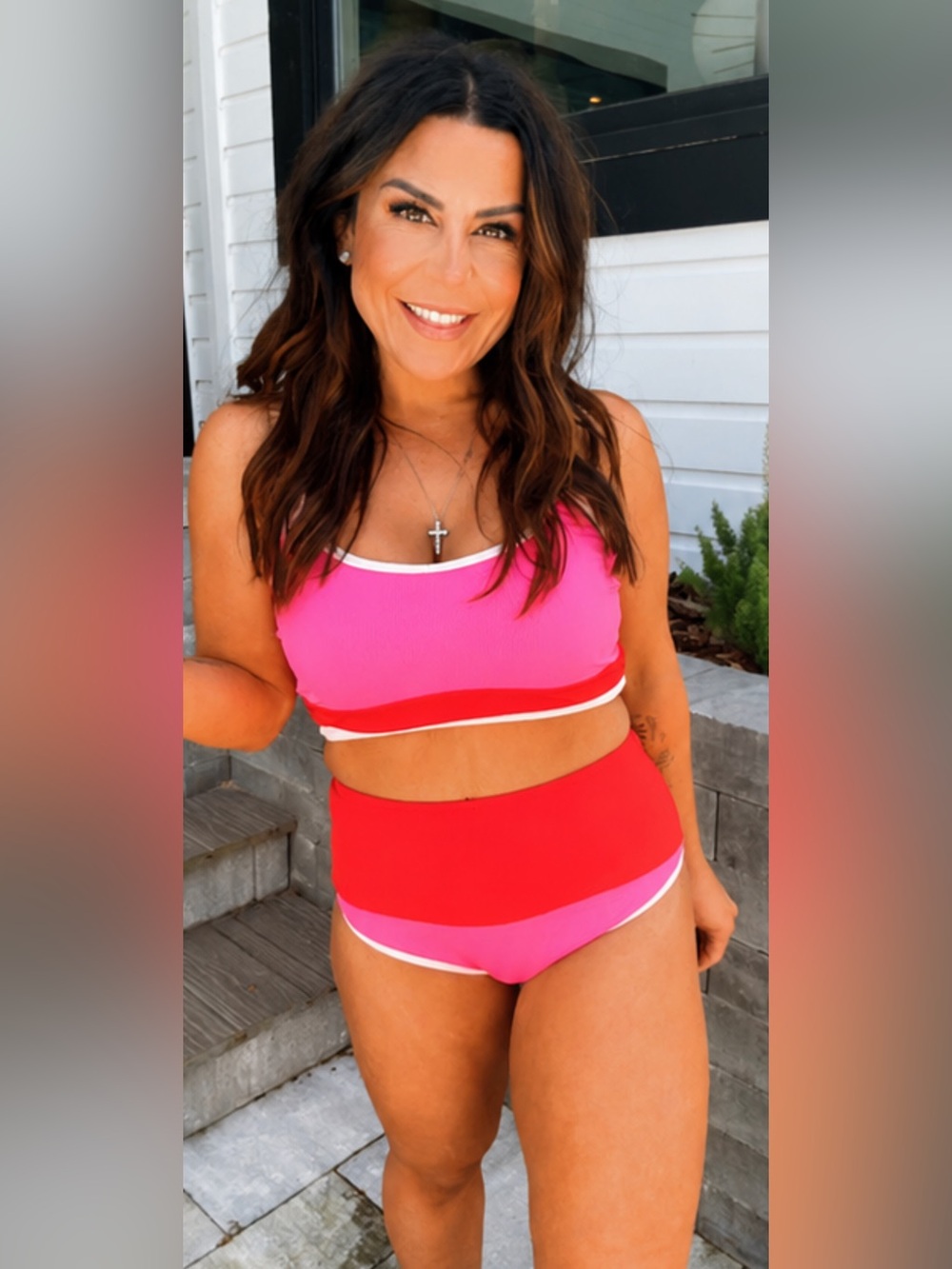 Women’s Two-Tone High-Waist Bikini Set - Pink & Red